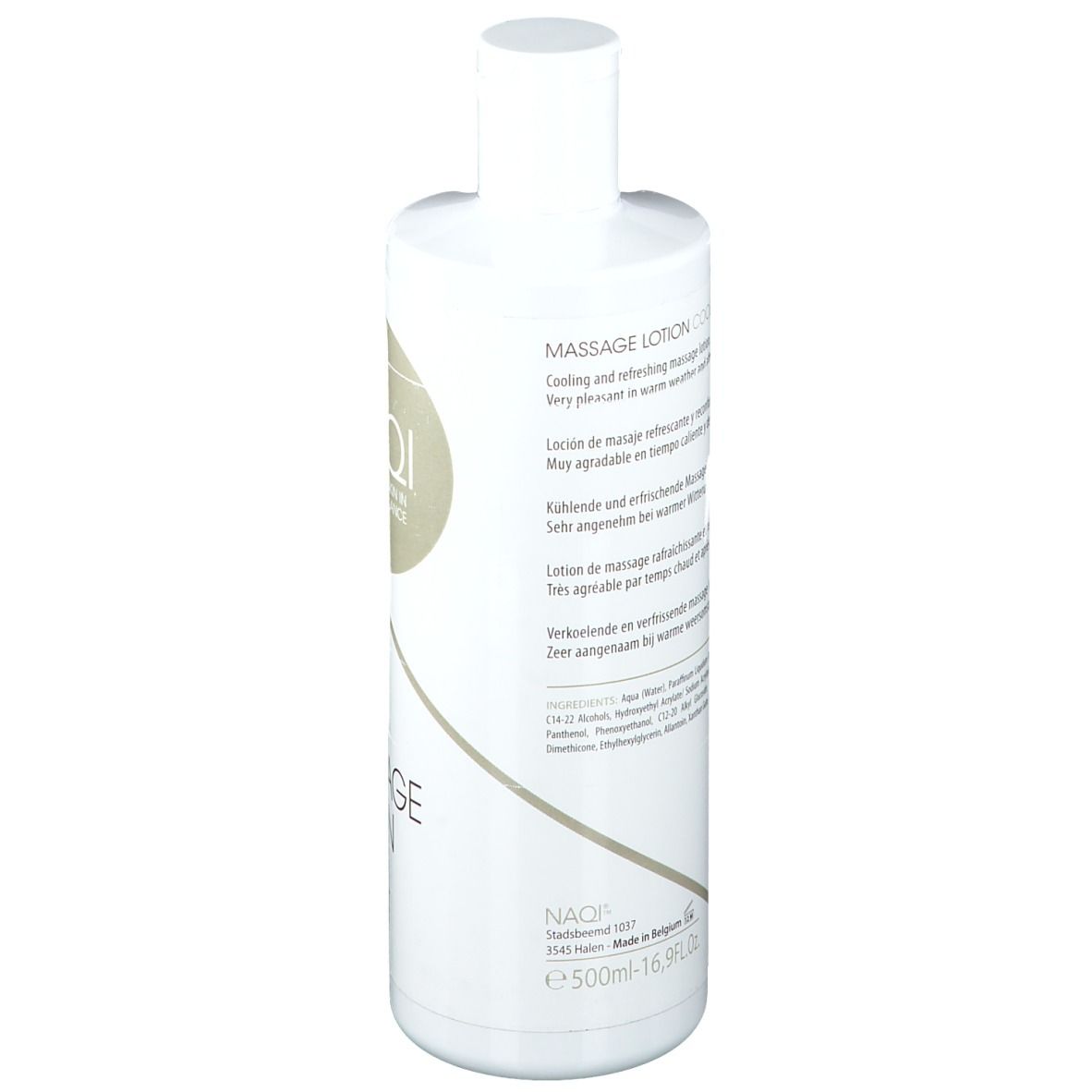 Flacon blanc avec texte. NAQI, Massage Lotion Cool. Texte en allemand, français, italien et néerlandais.