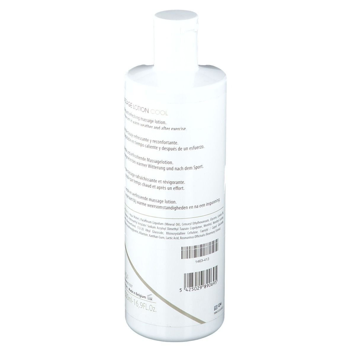 Flacon blanc avec texte et code-barres. NAQI, Massage Lotion Cool. Textes multilingues.