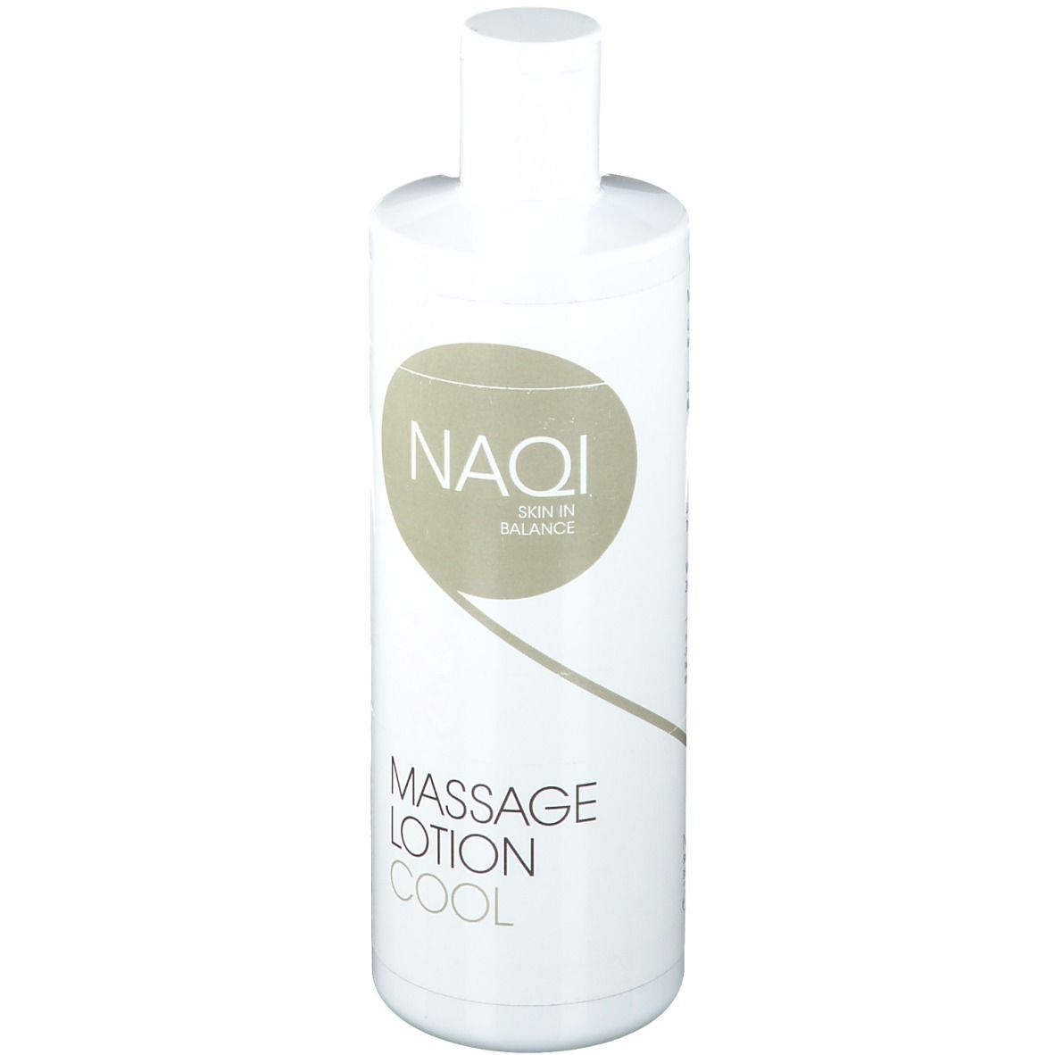 Flacon blanc avec logo NAQI et inscription 'Massage Lotion Cool'.