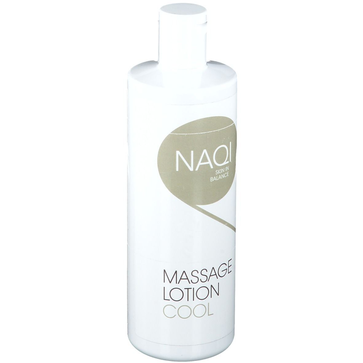 Flacon blanc avec logo NAQI et inscription 'Massage Lotion Cool'.