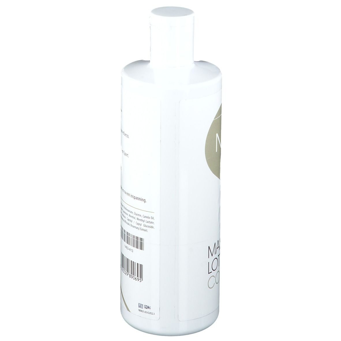 Flacon blanc avec texte. NAQI, Massage Lotion Cool. Textes multilingues.