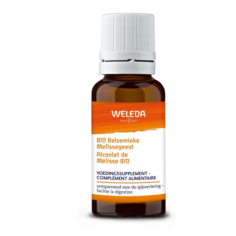 Flacon en verre brun avec bouchon blanc. Étiquette avec texte et logo Weleda. Bande orange.
