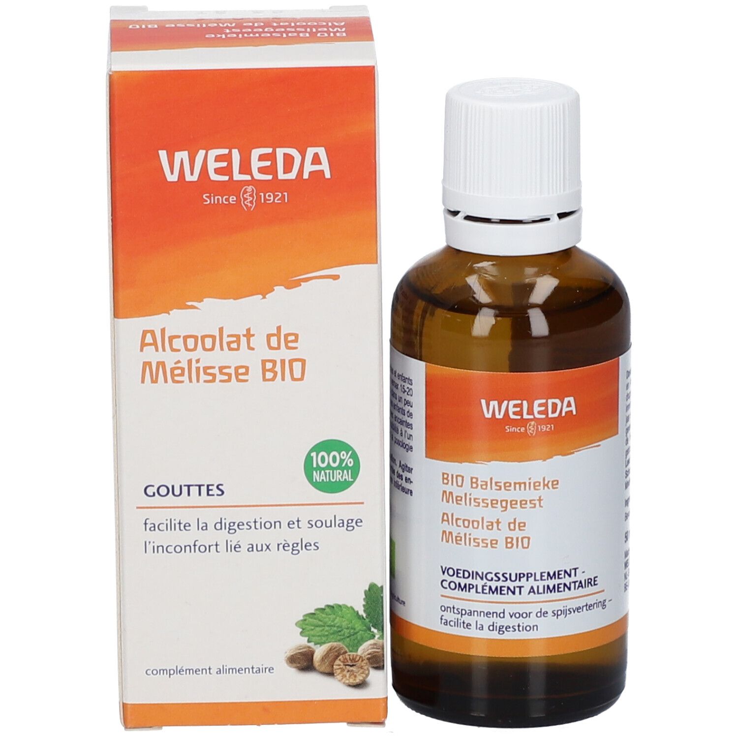 Flacon en verre brun avec bouchon blanc et boîte. Logo Weleda et texte sur l'étiquette et l'emballage.