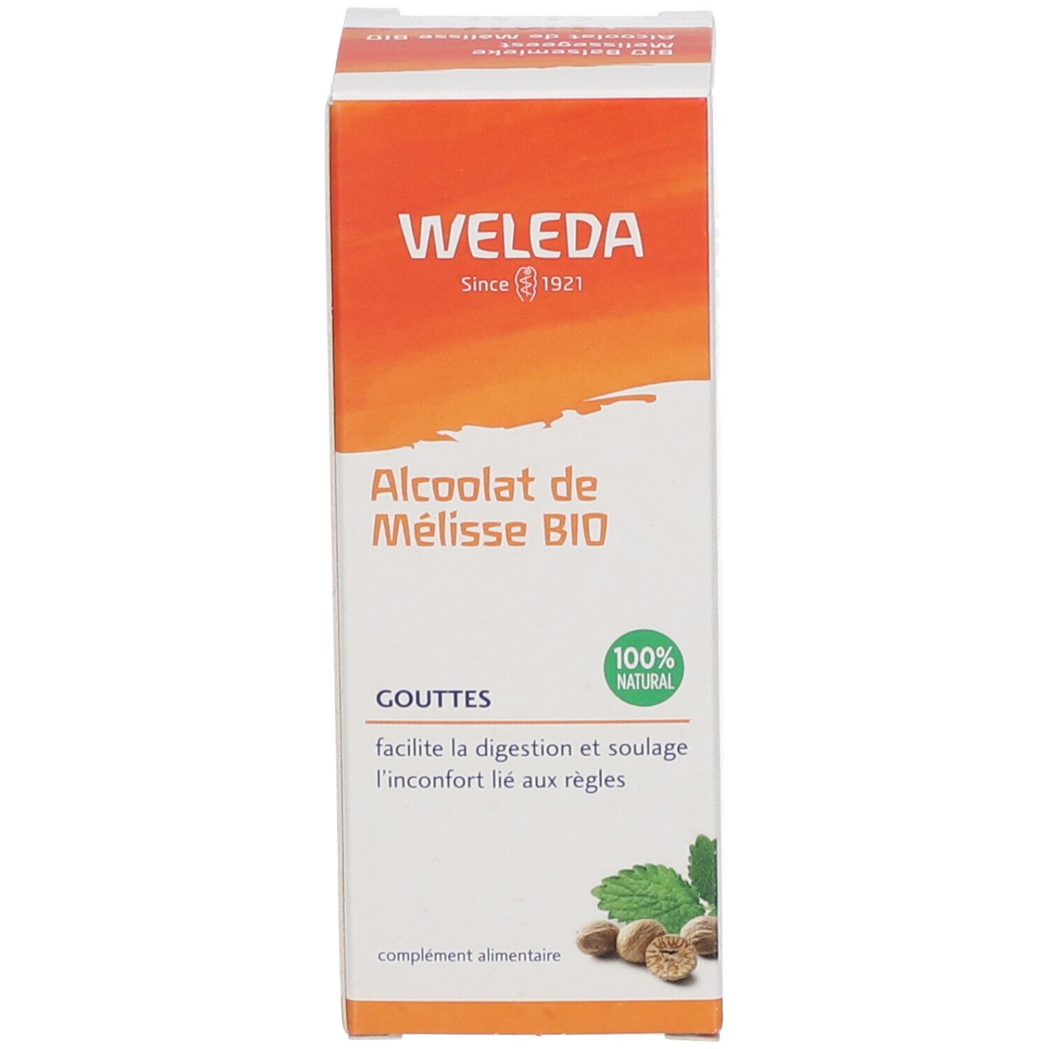 Boîte avec logo et texte Weleda. Design vert et blanc. Inscription : Alcoolat de Mélisse BIO.