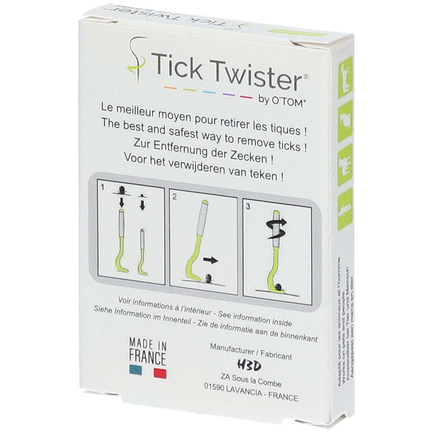 Dos de la boîte. Tick Twister by O'TOM. Instructions avec illustrations. Fabriqué en France. Adresse du fabricant.