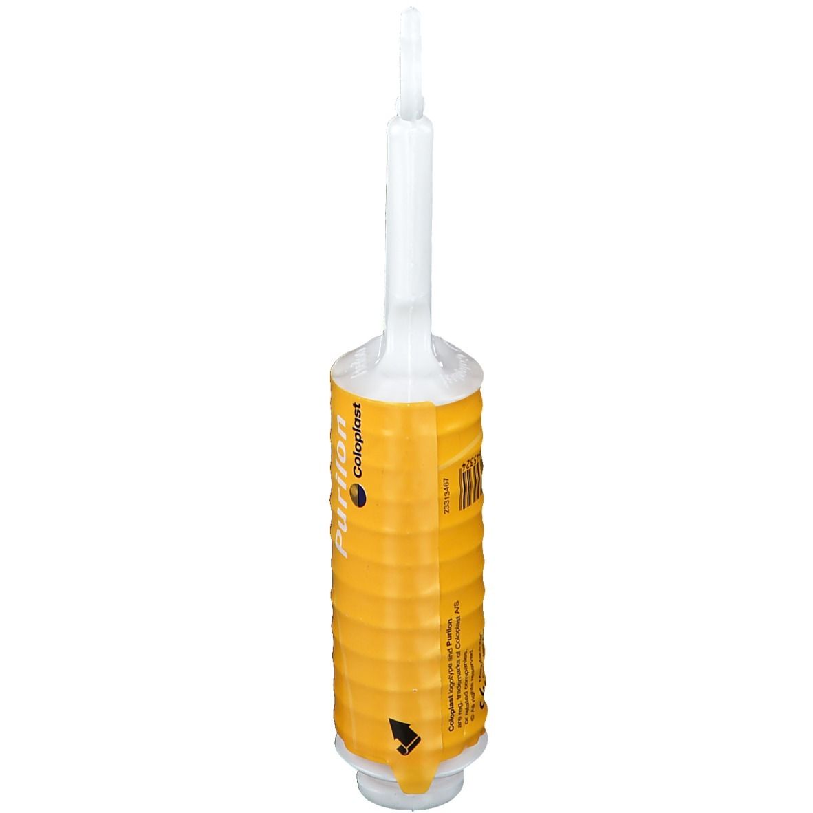 Applicateur de gel, récipient jaune cannelé. Inscription : Coloplast. Symbole flèche. Texte au dos.