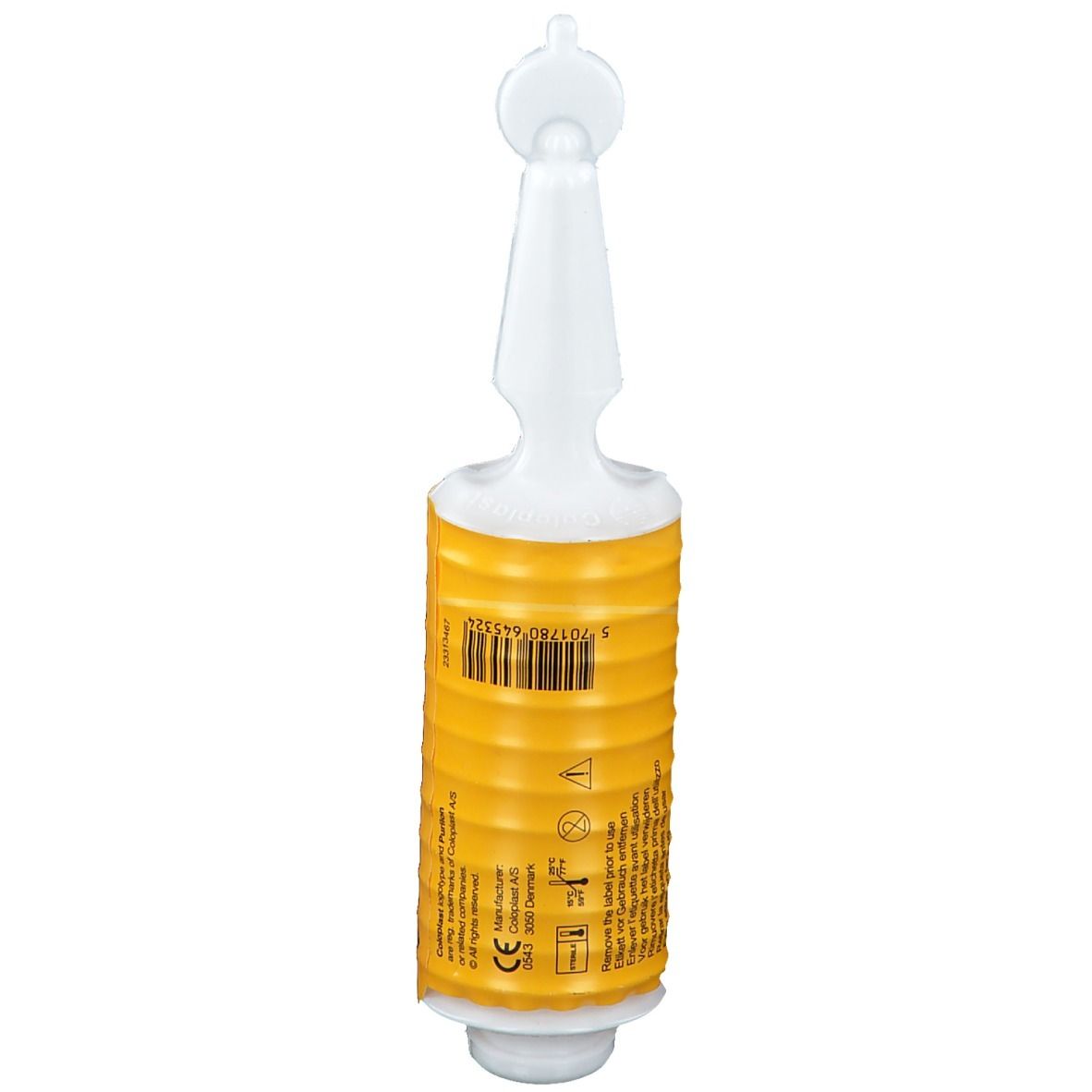Applicateur de gel avec récipient jaune cannelé. Inscription : Purilon Gel, Coloplast. Code-barres et texte au dos.
