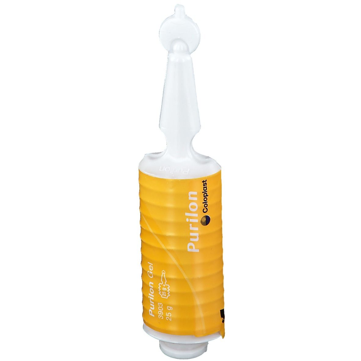 Applicateur de gel avec un récipient jaune cannelé. Inscription : Purilon Gel, Coloplast. Applicateur blanc.