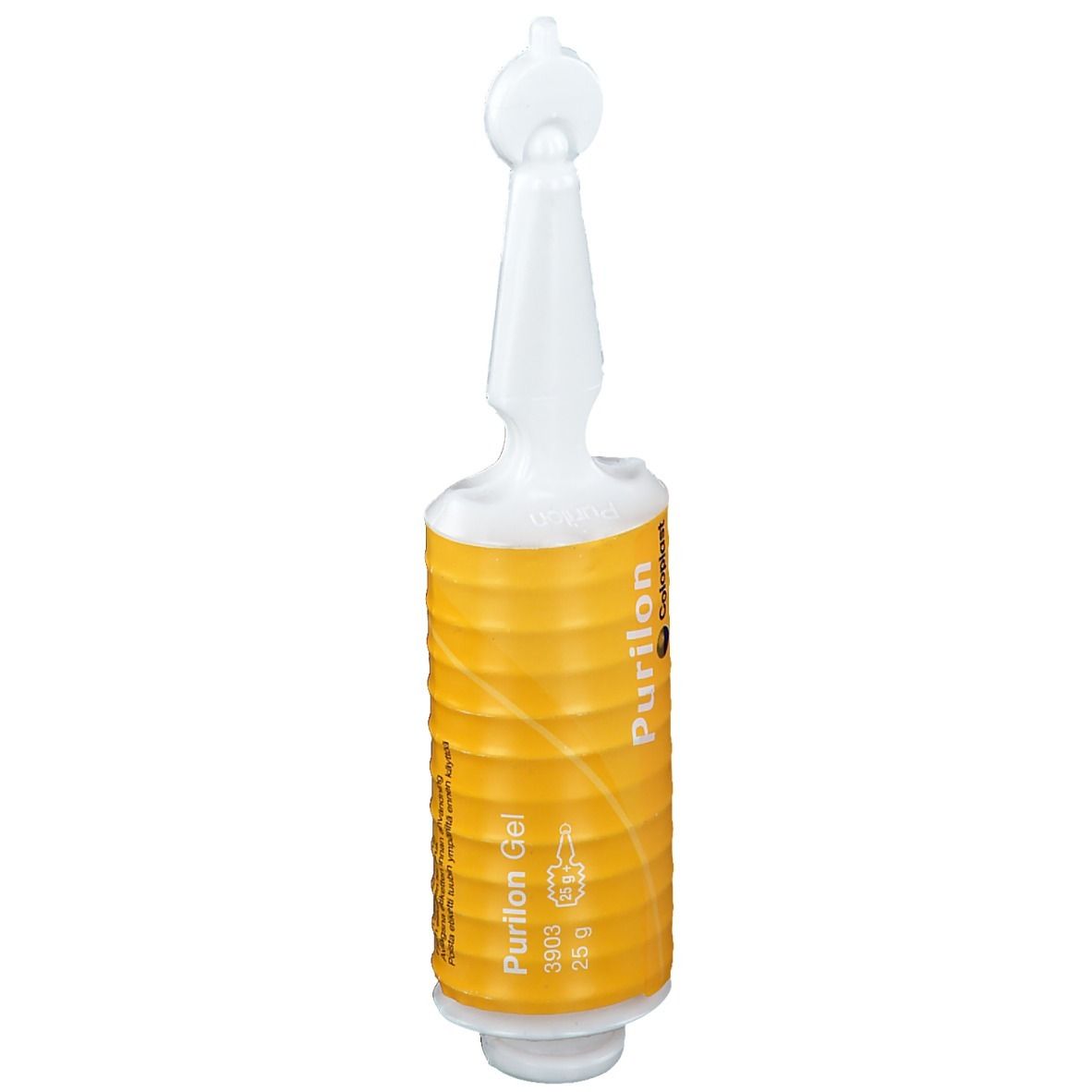 Applicateur de gel avec un récipient jaune cannelé. Inscription : Purilon Gel, Coloplast. Applicateur blanc.