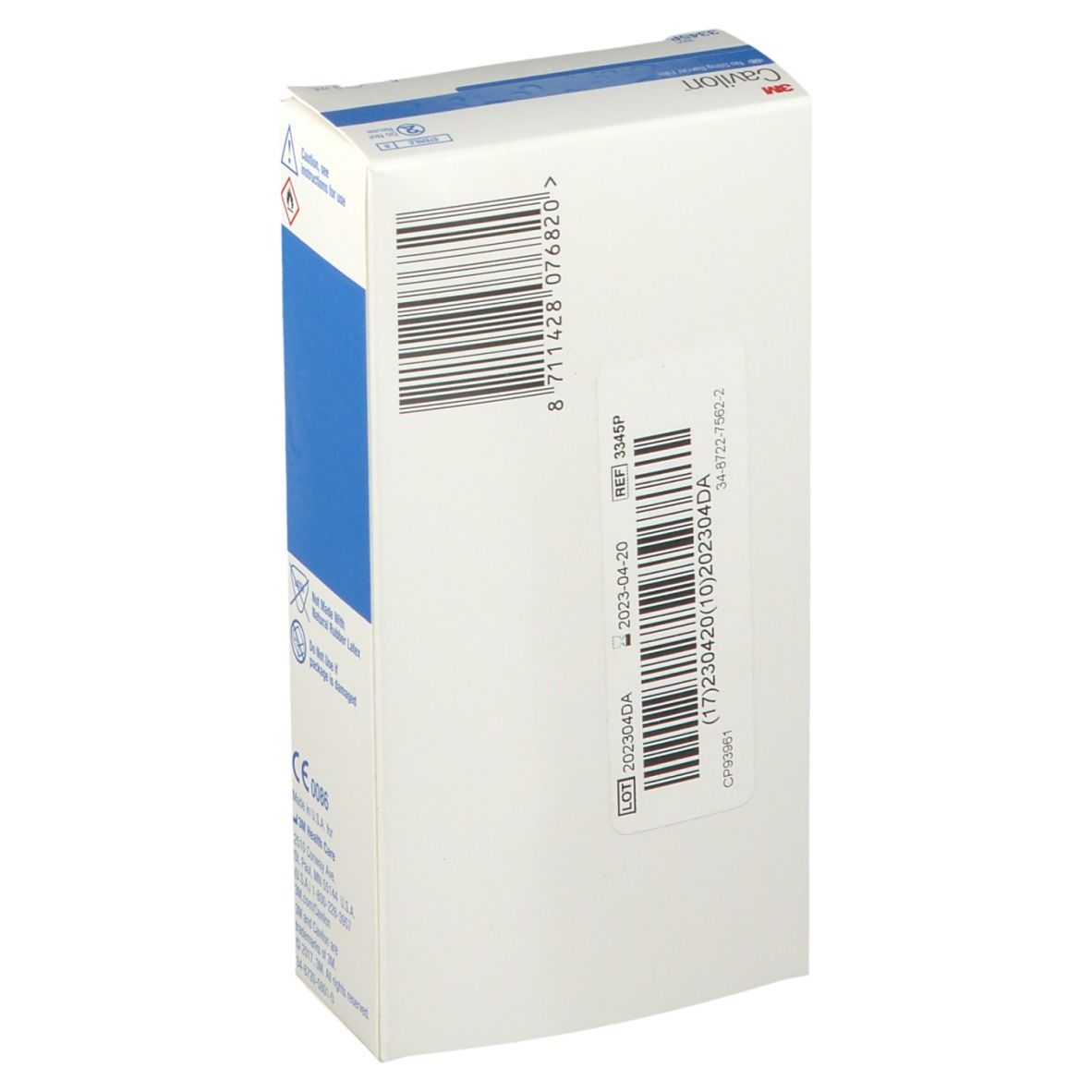 Dos de l'emballage Cavilon. Code-barres, numéro de lot et date de péremption. Emballage blanc avec accent bleu.
