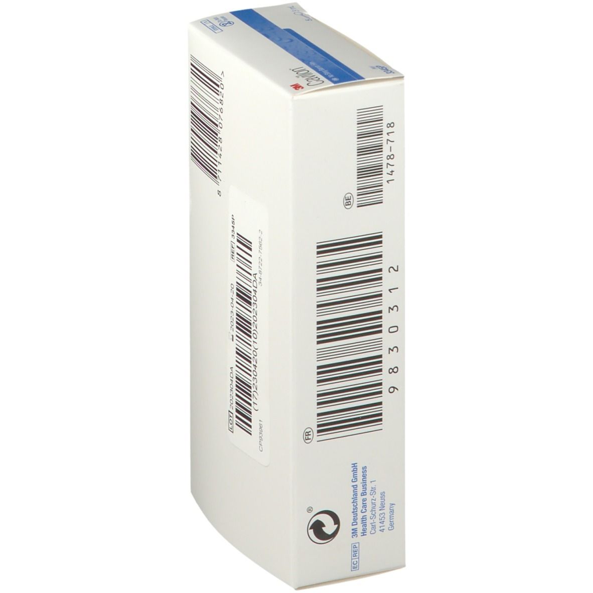 Vue latérale oblique de l'emballage Cavilon. Code-barres et informations sur le produit. Emballage blanc.
