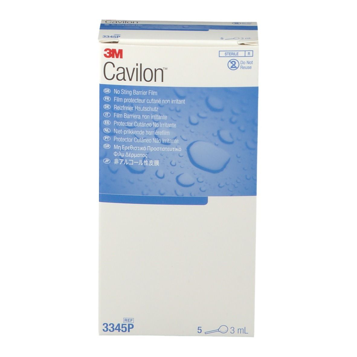 Emballage Cavilon à plat. Nom du produit et logo 3M. Contient 5 unités. Emballage bleu et blanc.
