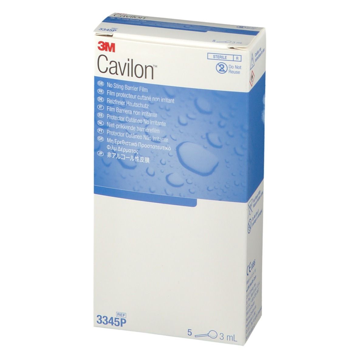 Emballage Cavilon légèrement incliné. Nom du produit et logo 3M. Contient 5 unités. Emballage bleu et blanc.