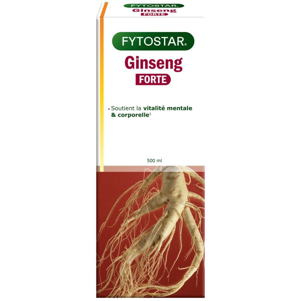 Emballage du produit avec nom et racine de ginseng. Texte : Fytostar Ginseng Forte. Inscription : Soutient la vitalité mentale et corporelle.