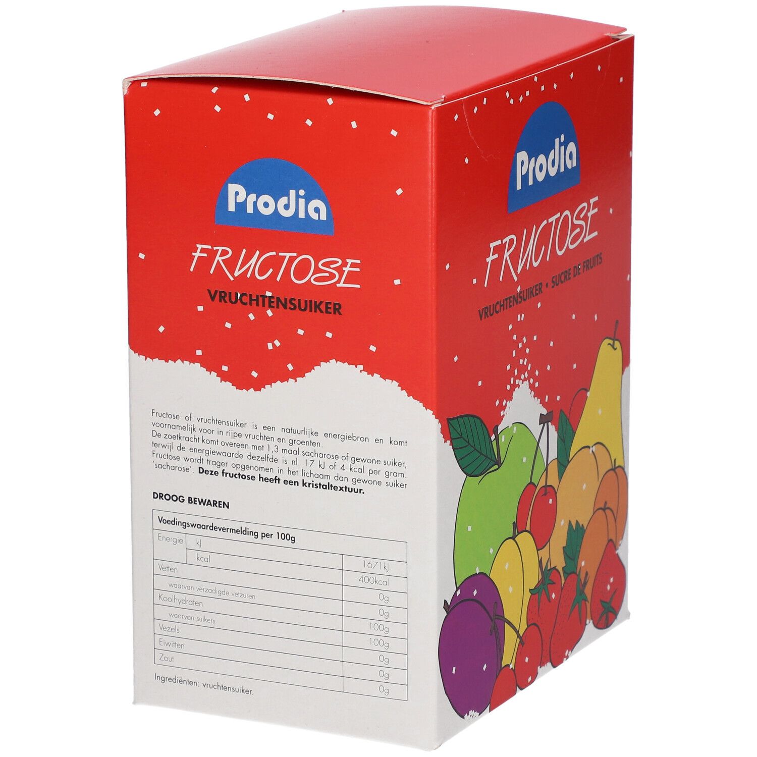 Boîte rouge Prodia Fructose. Texte: Vruchtensuiker, Sucre de fruits. Logo Prodia. Dos avec informations nutritionnelles.