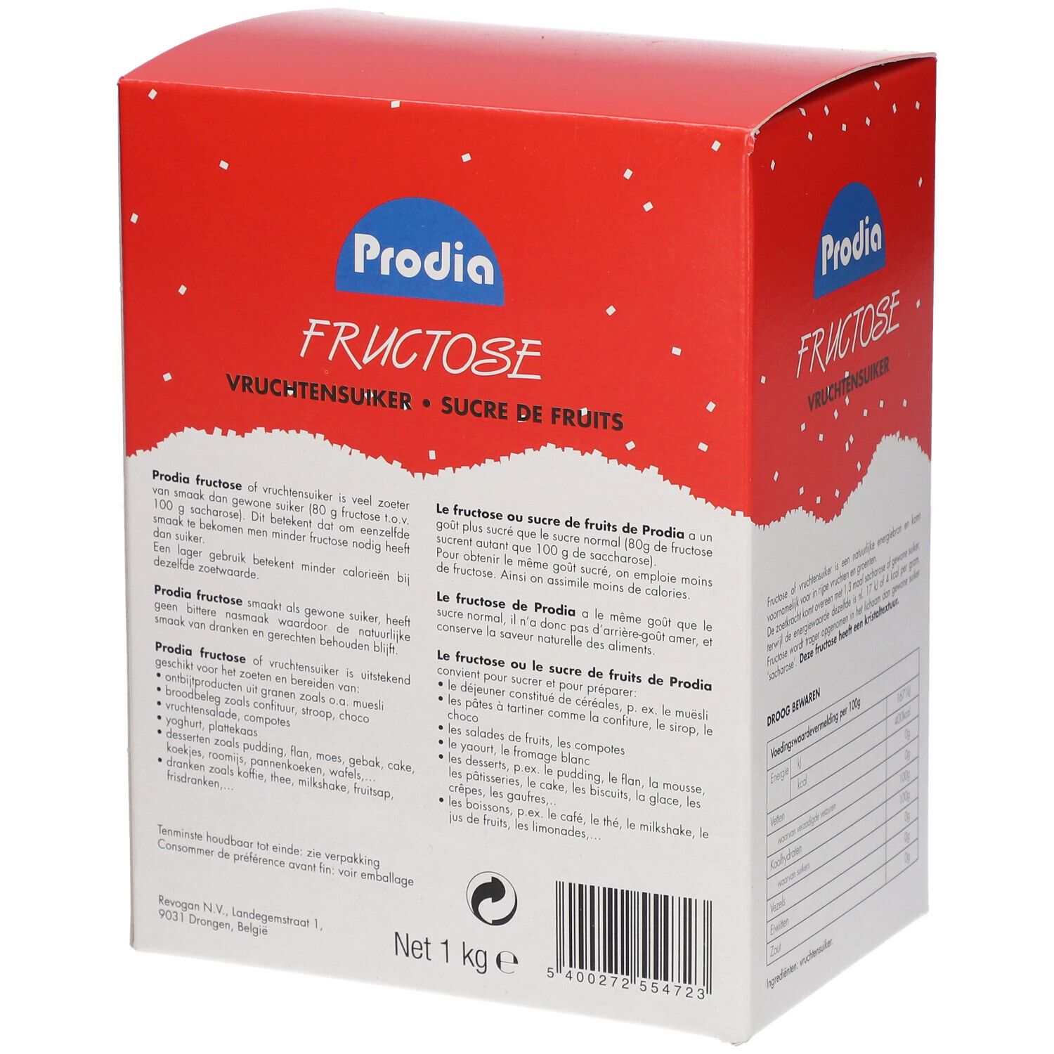 Boîte rouge Prodia Fructose. Texte: Vruchtensuiker, Sucre de fruits. Logo Prodia. Dos avec texte et informations nutritionnelles.