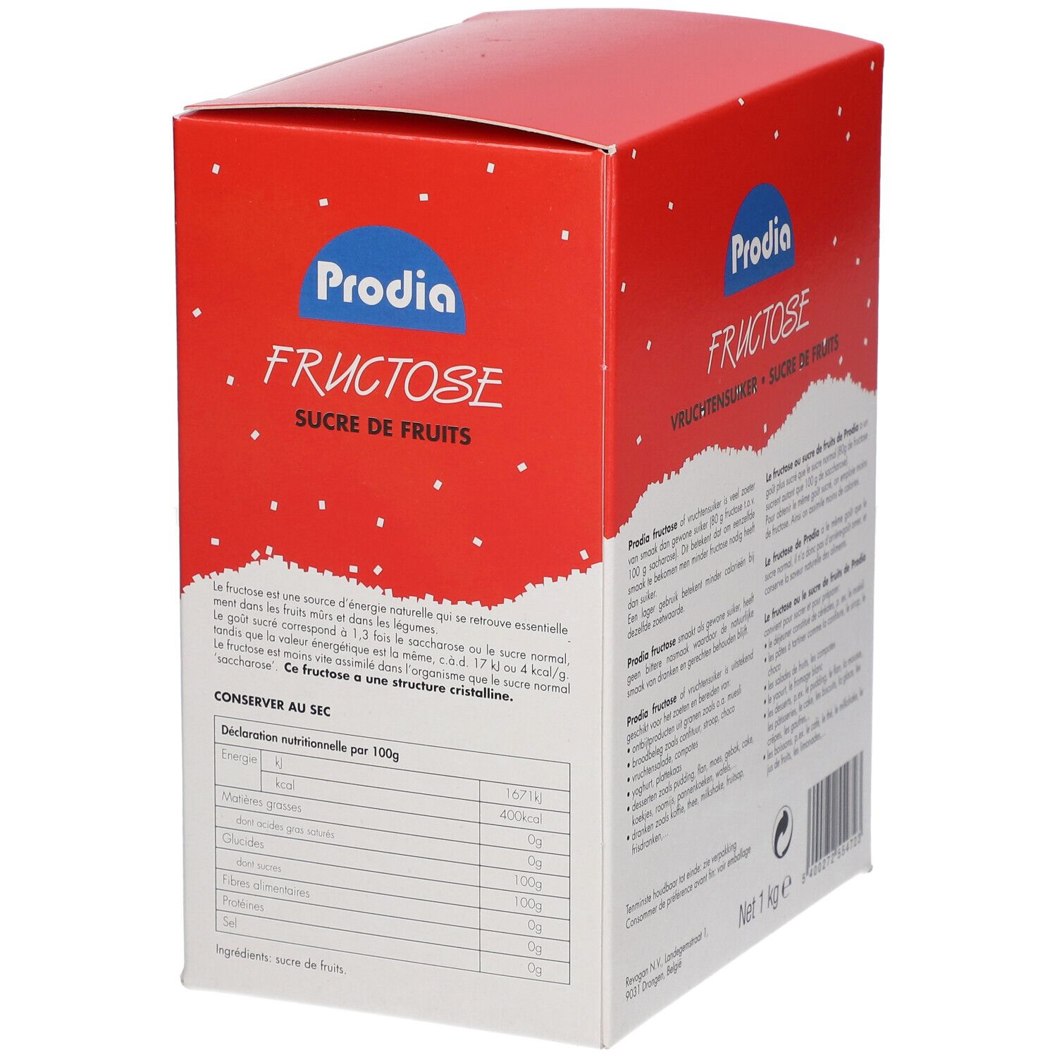Boîte rouge Prodia Fructose. Texte: Sucre de fruits. Logo Prodia. Dos avec texte et informations nutritionnelles.