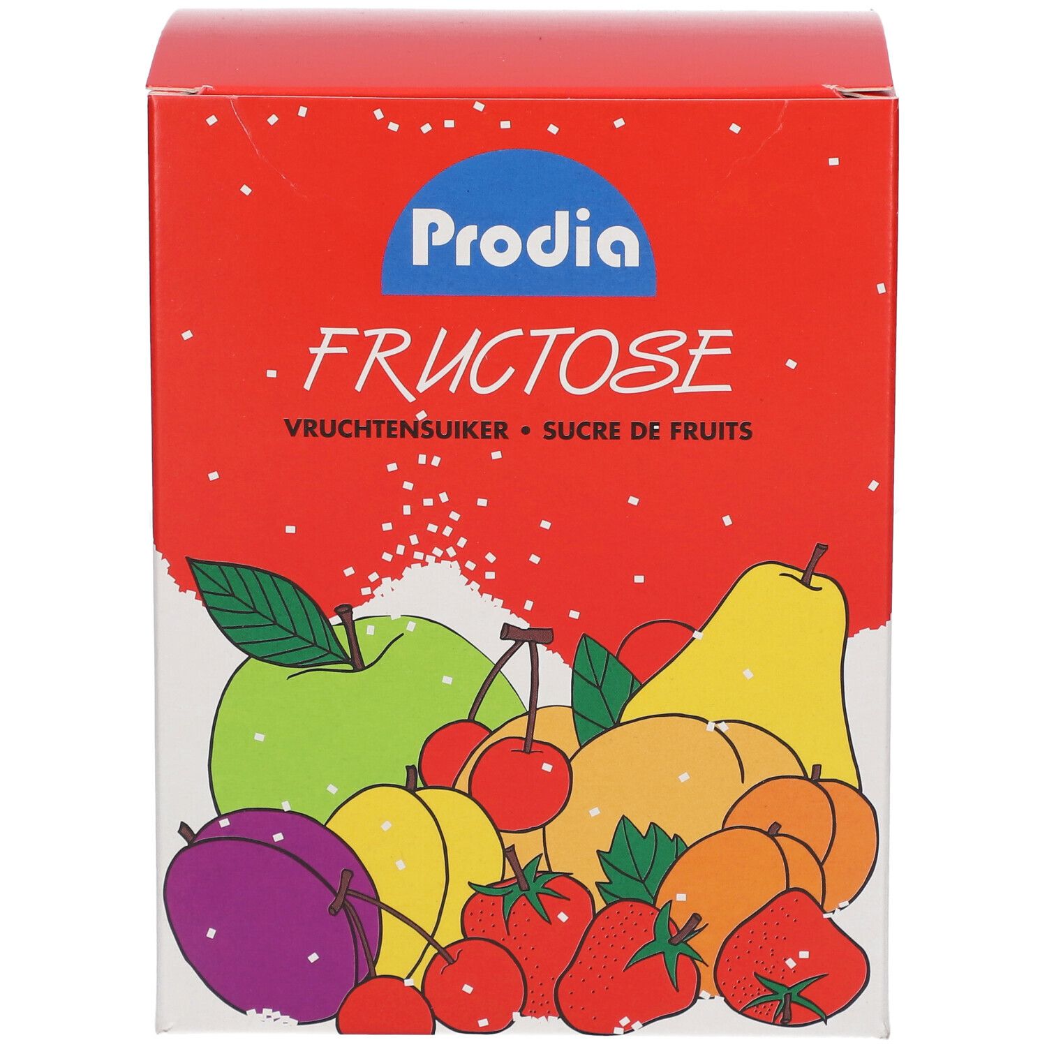 Boîte rouge Prodia Fructose. Texte: Vruchtensuiker, Sucre de fruits. Logo Prodia. Illustration de fruits.