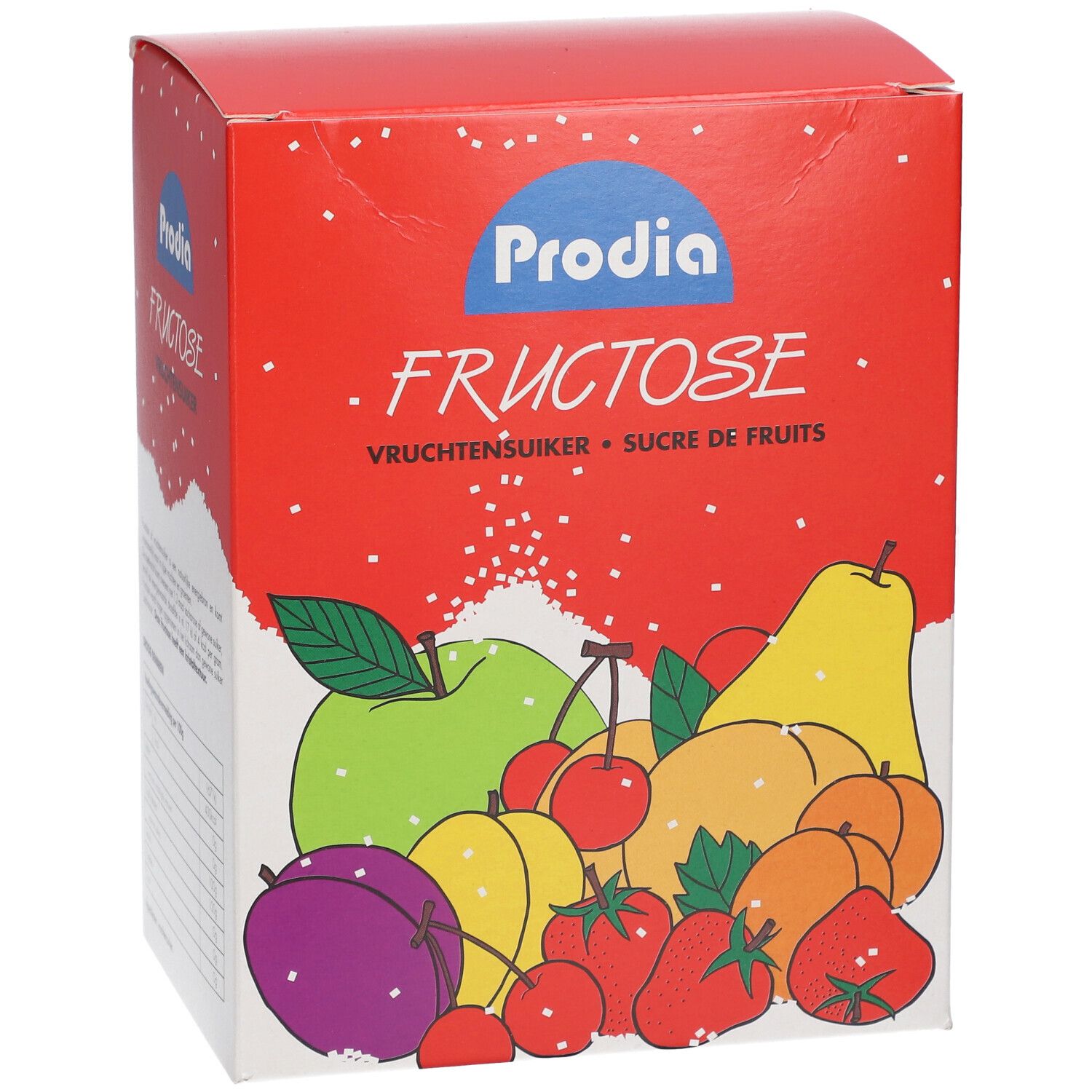 Boîte rouge Prodia Fructose. Texte: Vruchtensuiker, Sucre de fruits. Logo Prodia. Illustration de fruits.