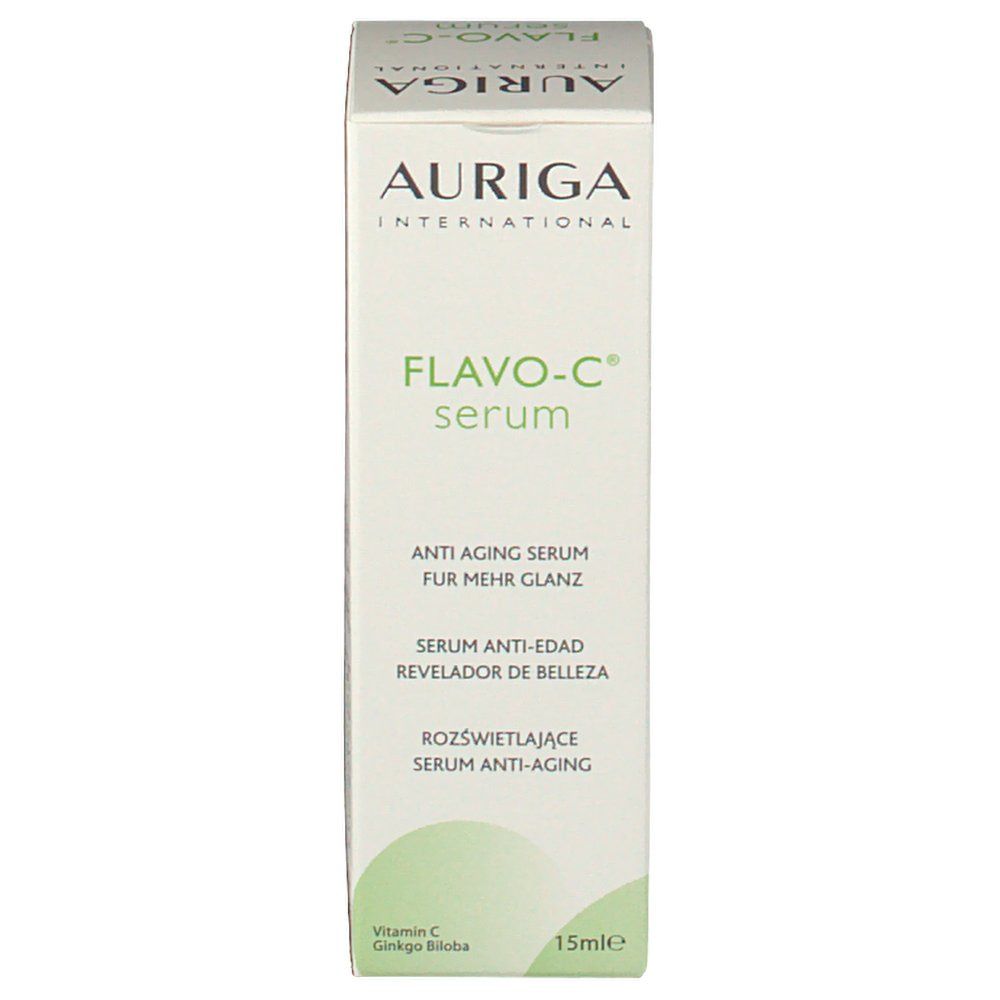 Verpakking van Auriga Flavo-C Serum. Witte doos met groene tekst. Productnaam en logo duidelijk zichtbaar.