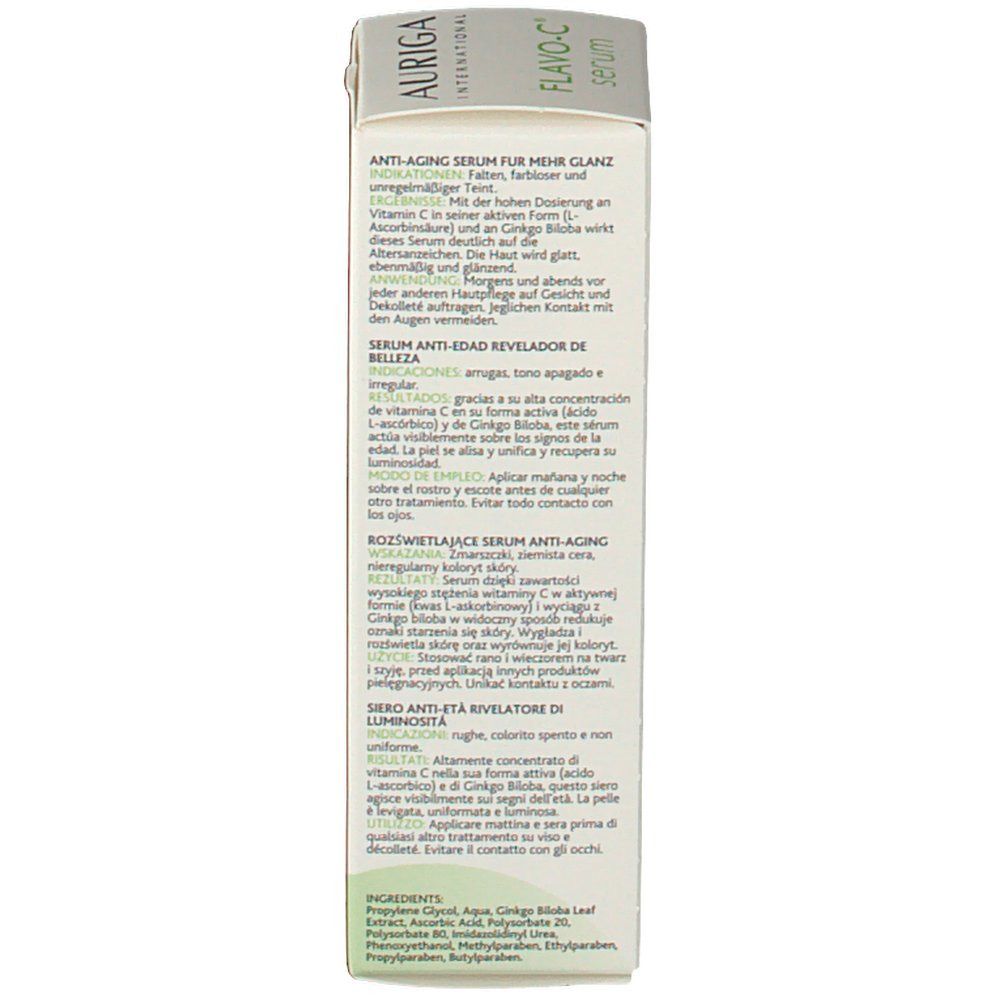 Achterkant van de verpakking van Auriga Flavo-C Serum. Tekst in meerdere talen. Ingrediënten en instructies.