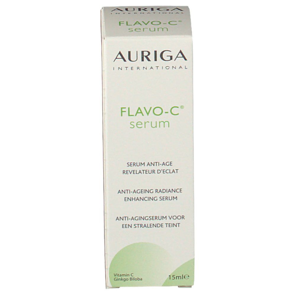Verpakking van Auriga Flavo-C Serum. Witte doos met groene tekst. Productnaam en logo duidelijk zichtbaar.