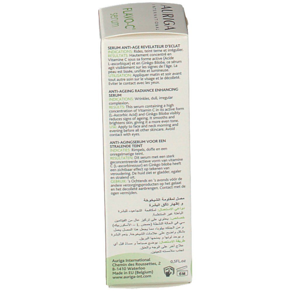 Achterkant van de verpakking van Auriga Flavo-C Serum. Tekst in meerdere talen. Ingrediënten en instructies.