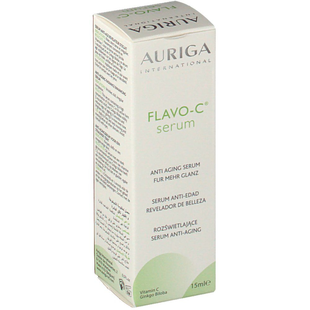 Verpakking van Auriga Flavo-C Serum. Witte doos met groene tekst. Productnaam en logo duidelijk zichtbaar.