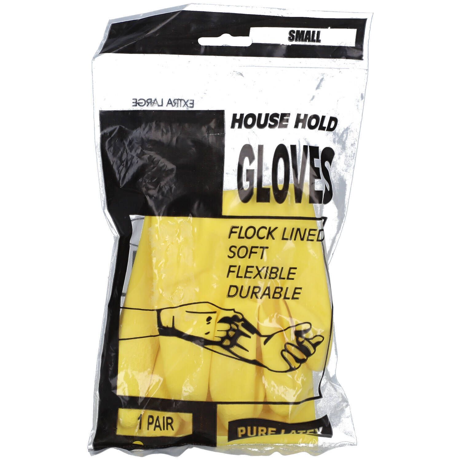 Gants ménagers jaunes dans un emballage plastique. Inscription: HOUSE HOLD GLOVES, SMALL, 1 PAIR, PURE LATEX.