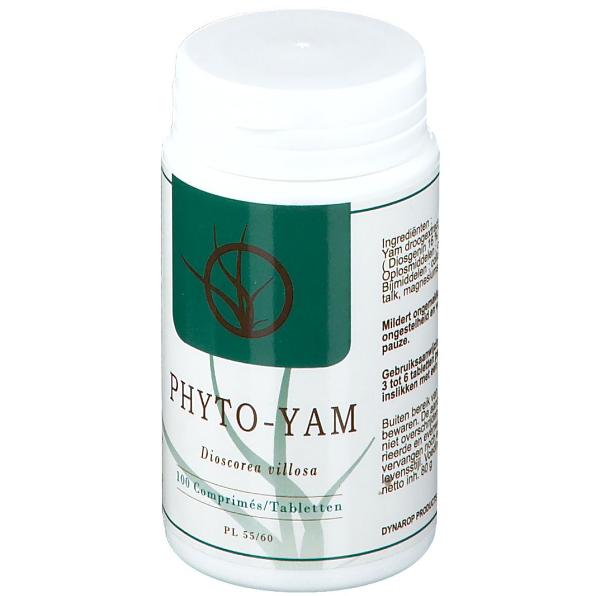 Flacon blanc de comprimés avec étiquette verte. Inscription: PHYTO-YAM, Dioscorea villosa, 100 comprimés. Logo.