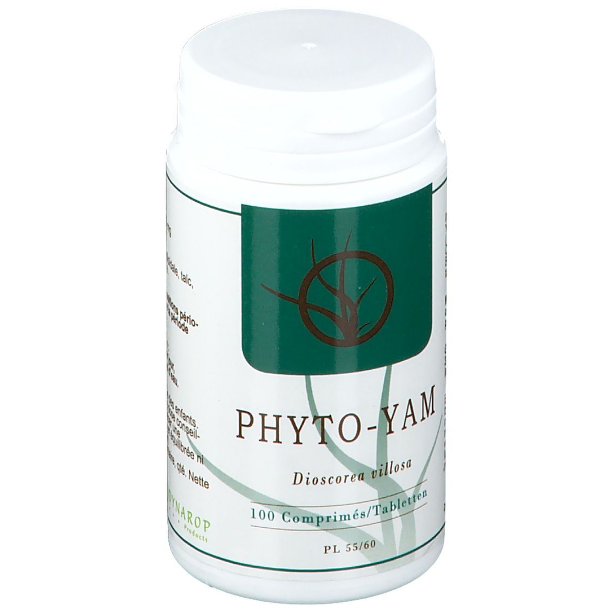 Flacon blanc de comprimés avec étiquette verte. Inscription: PHYTO-YAM, Dioscorea villosa, 100 comprimés. Logo.