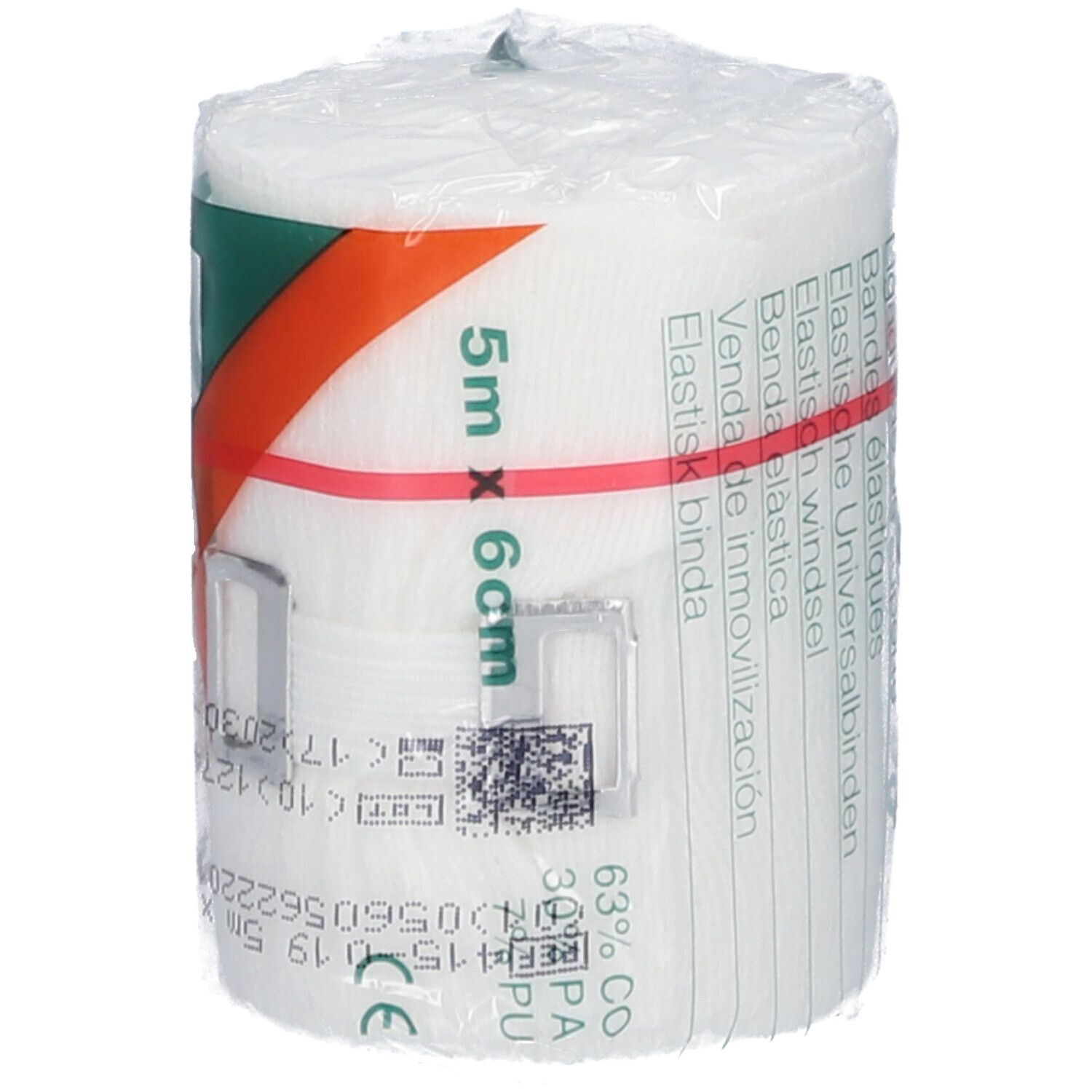 Bande élastique blanche, emballée. Inscription : 5m x 6cm. Agrafes métalliques. Code QR. Impression verte et blanche. Bande rouge.