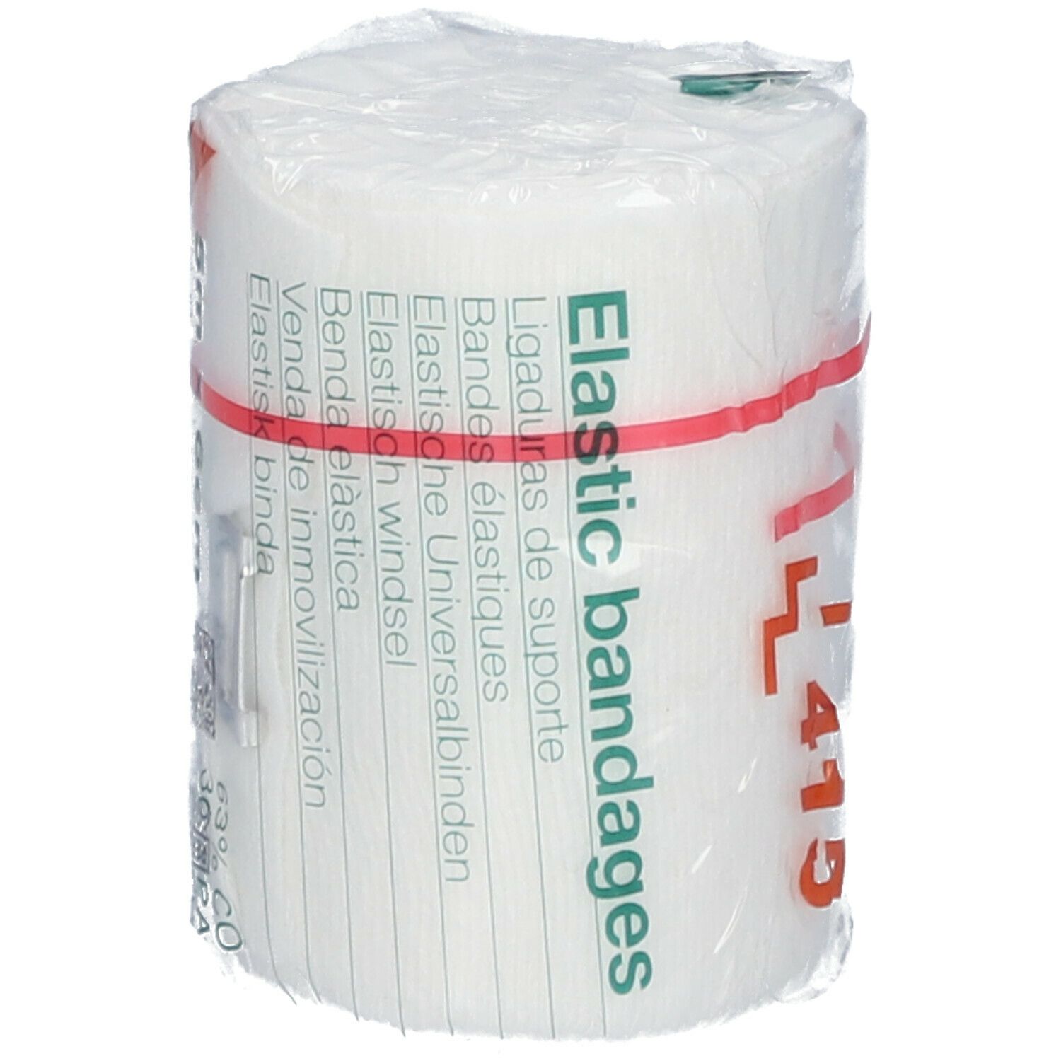 Bande élastique blanche, emballée. Inscription : Elastic bandages, 415. Bande rouge. Impression verte et blanche.