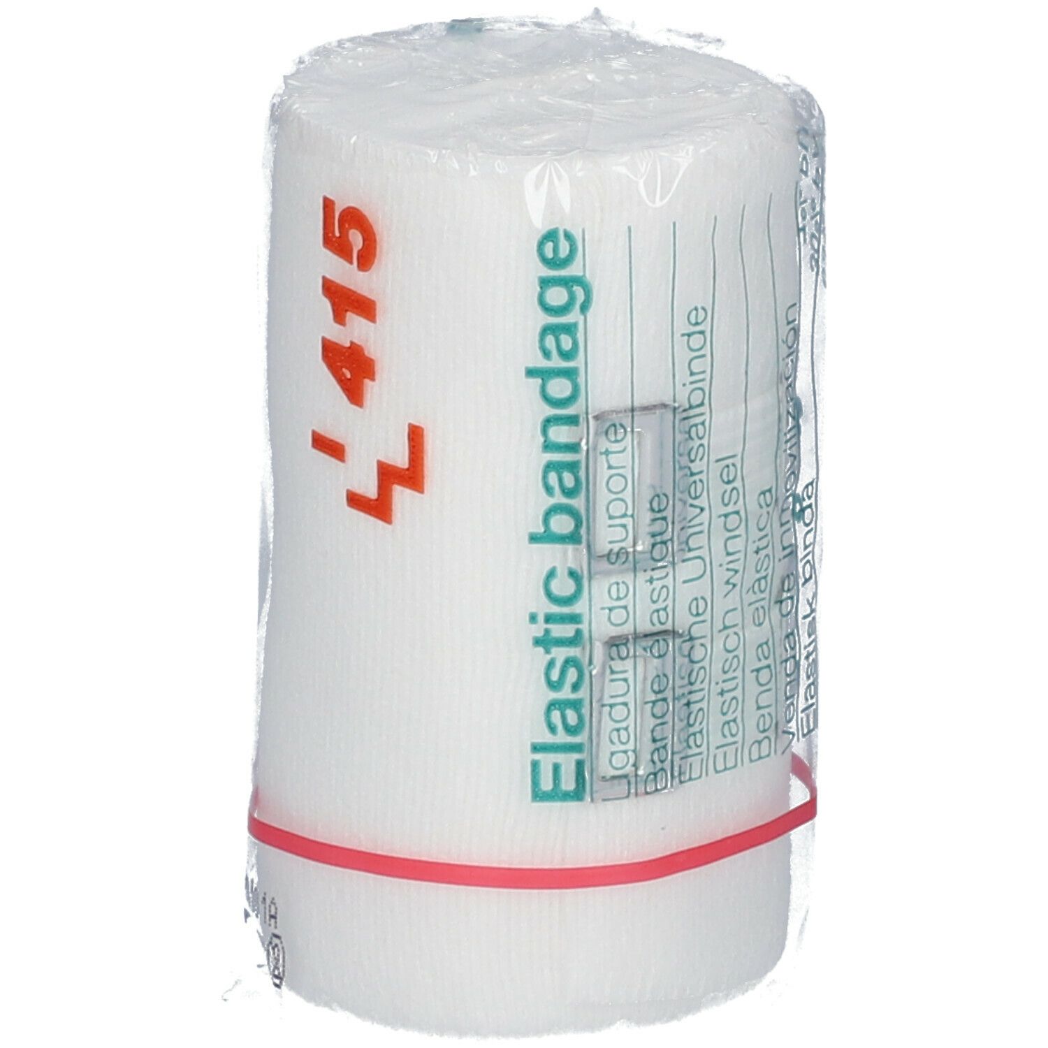 Bande élastique universelle blanche, emballée dans du film plastique. Anneau en caoutchouc rouge. Inscription : L 415, Elastic bandage.