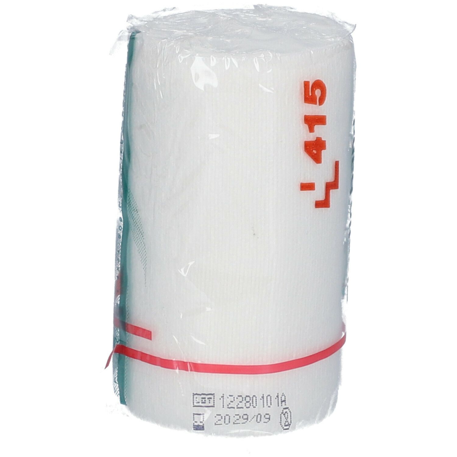Bande élastique universelle blanche en emballage plastique. Anneau en caoutchouc rouge. Inscription : L 415. Date.