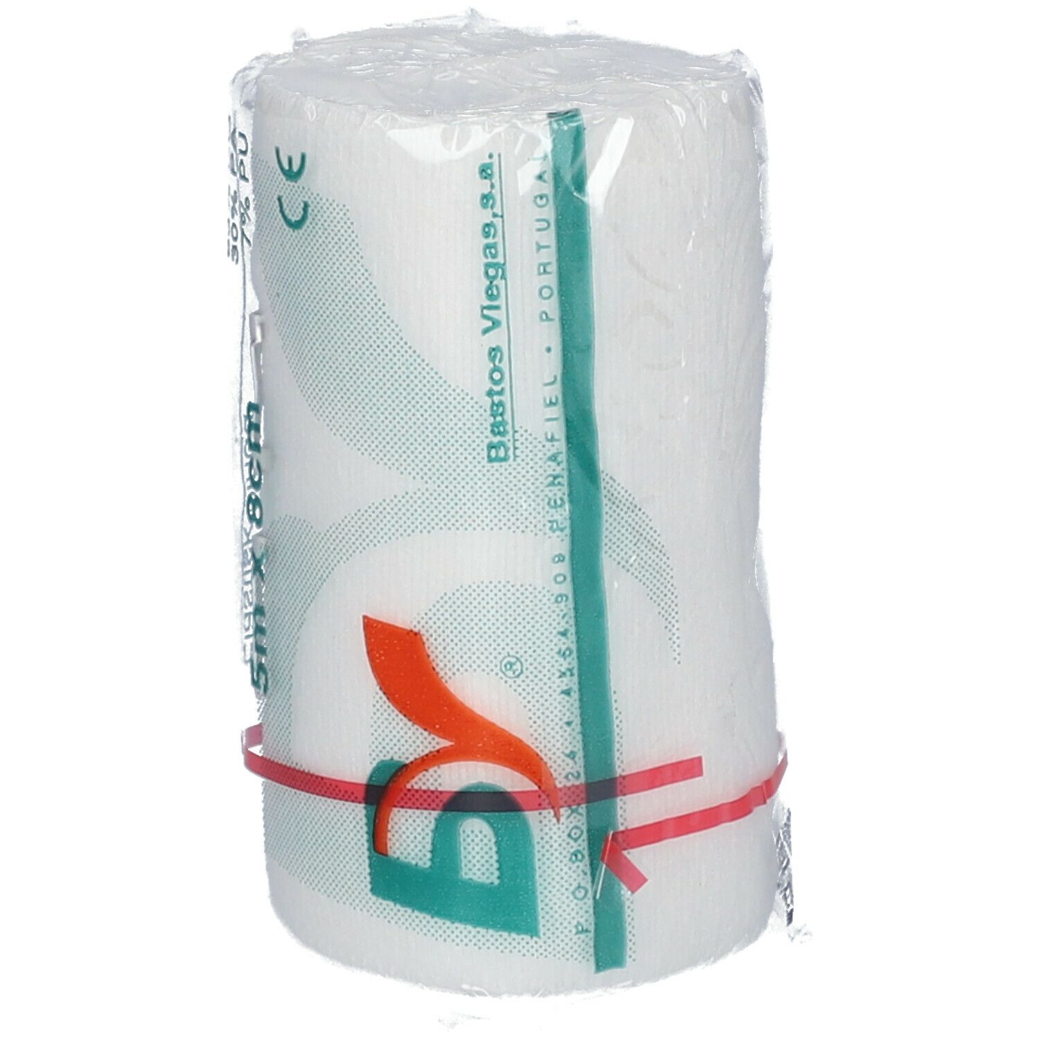 Bande élastique blanche en emballage plastique. Anneau en caoutchouc rouge. Inscription : Bastos Viegas, 5m x 8cm, marquage CE.