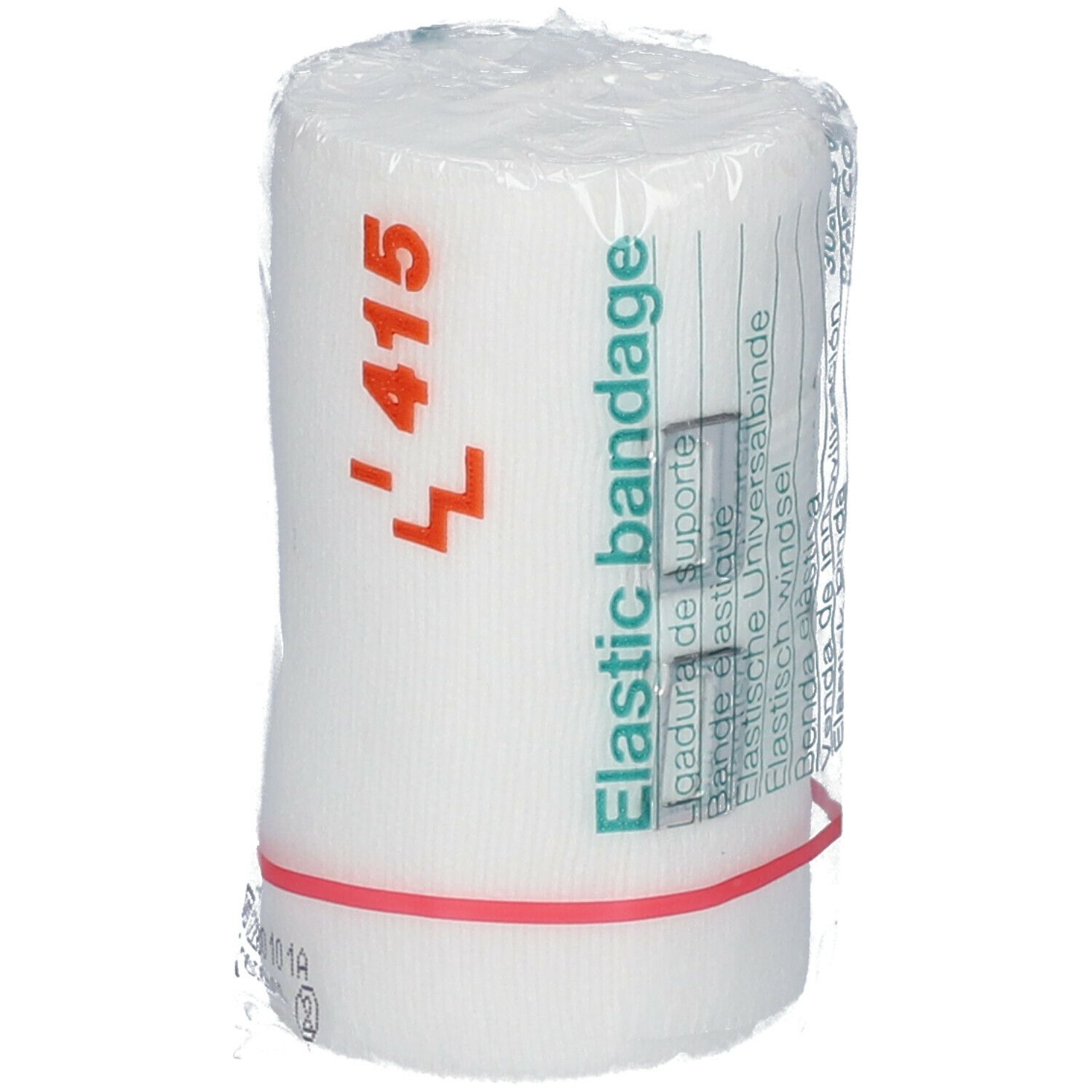 Bande élastique universelle blanche, emballée dans du film plastique. Anneau en caoutchouc rouge. Inscription : L 415, Elastic bandage.