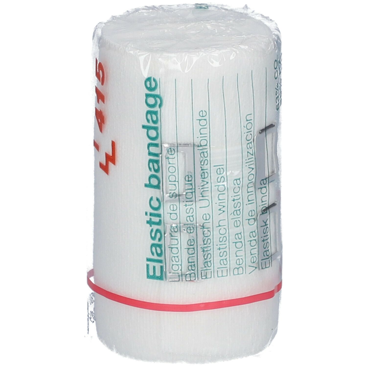 Bande élastique universelle blanche, emballée dans du film plastique. Anneau en caoutchouc rouge. Inscription : L 415, Elastic bandage.