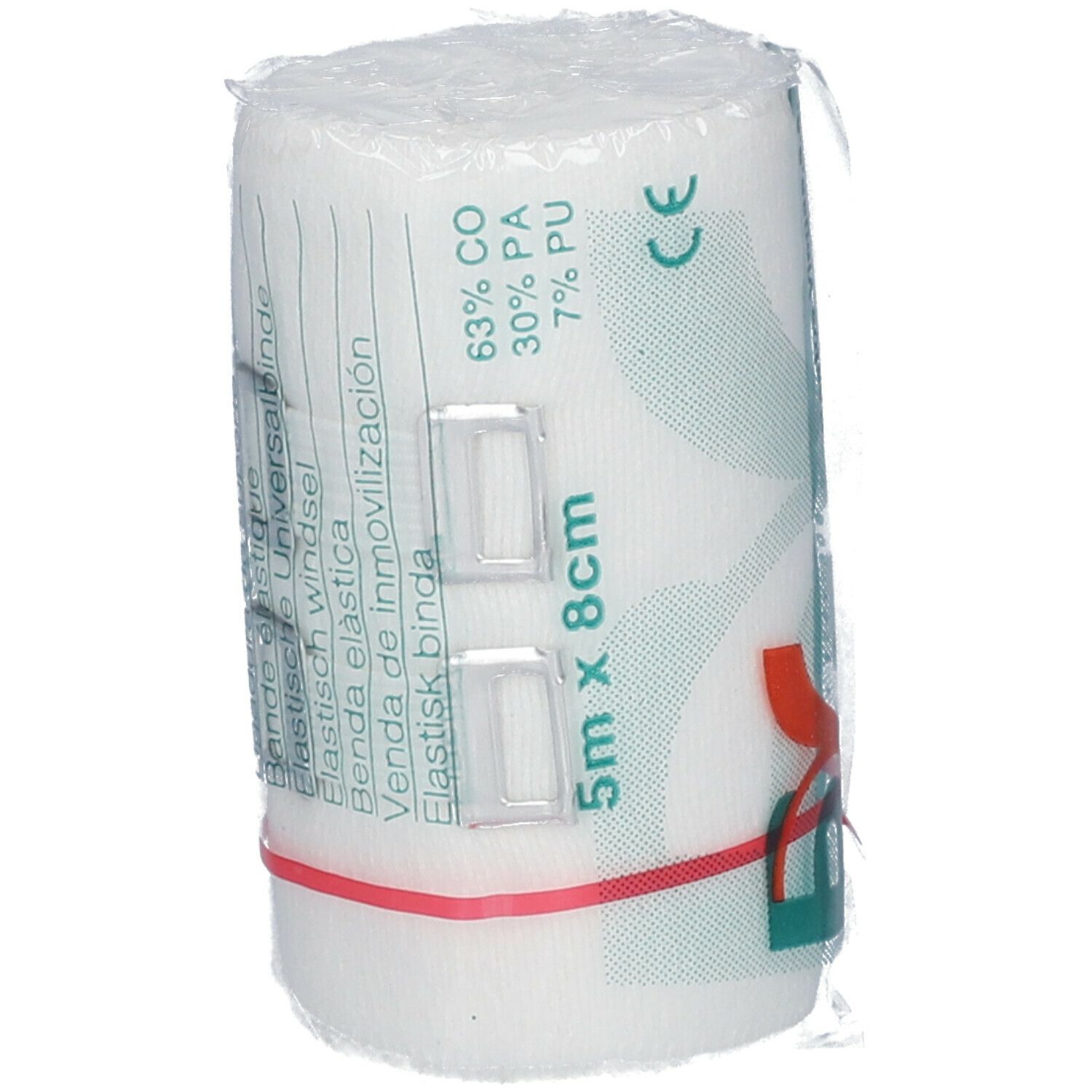 Bande élastique blanche en emballage plastique. Anneau en caoutchouc rouge. Inscription : 5m x 8cm, marquage CE, 2 clips.