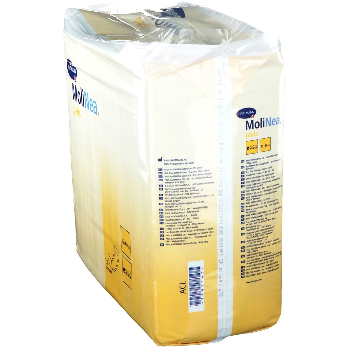Verpackung MoliNea Pads. Marke Hartmann. Rückseite mit Texten in verschiedenen Sprachen. Aufdrucke: Hartmann Logo, MoliNea, pads, 15x60 cm, Piktogramme.