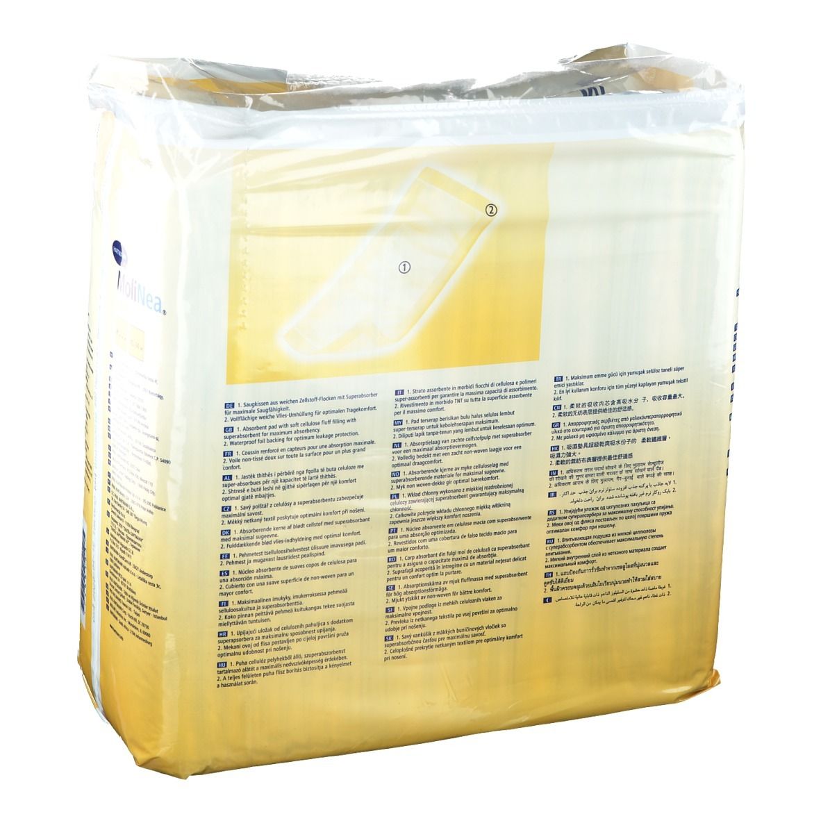 Verpackung MoliNea Pads. Marke Hartmann. Rückseite mit Texten in verschiedenen Sprachen. Aufdrucke: Hartmann Logo, MoliNea, pads, 15x60 cm, Piktogramme.