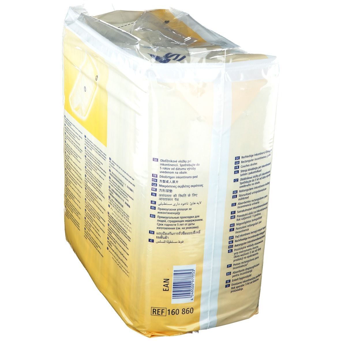 Verpackung MoliNea Pads. Marke Hartmann. Rückseite mit Texten in verschiedenen Sprachen. Aufdrucke: EAN-Code, REF 160 860.