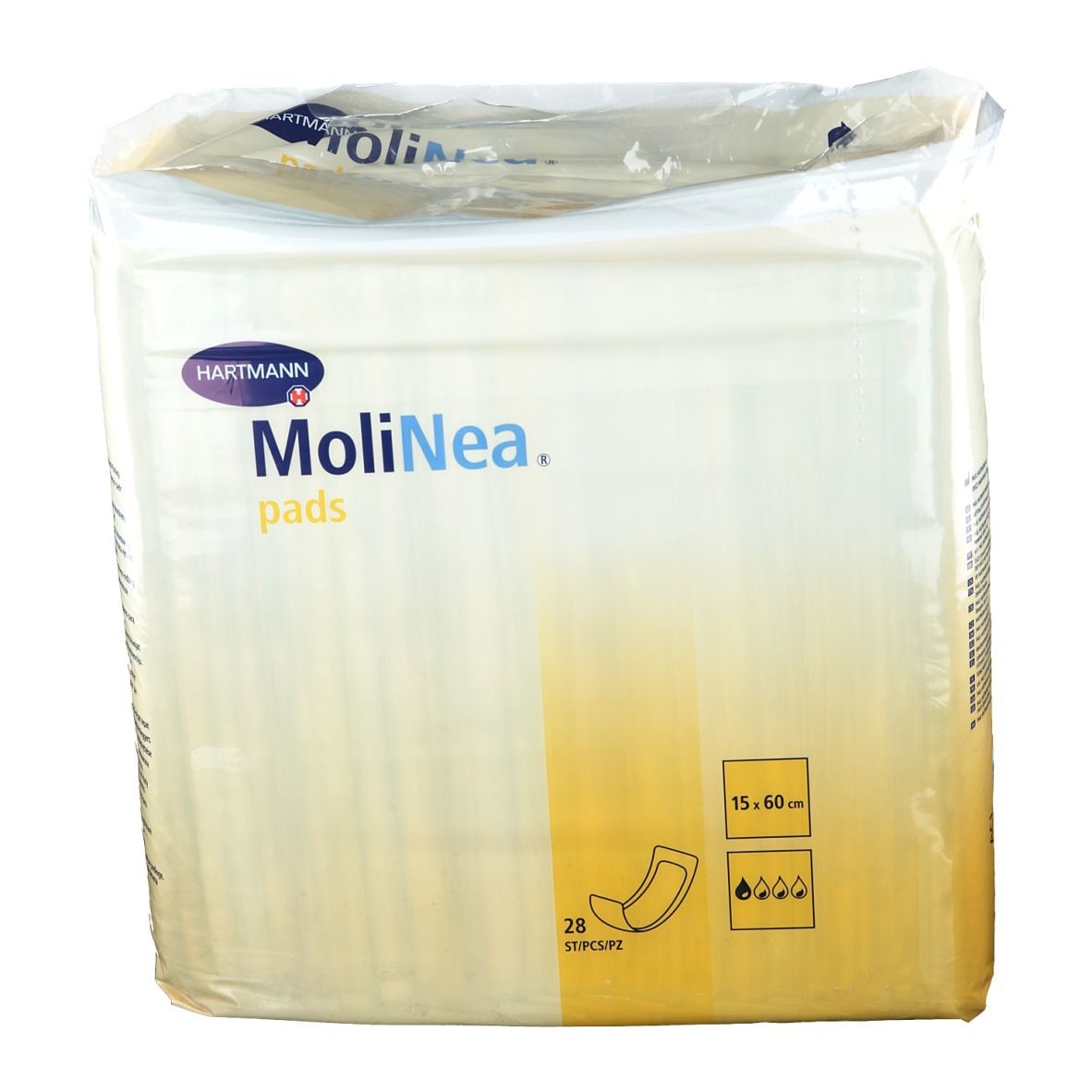 Verpackung MoliNea Pads. Marke Hartmann. Pads 15x60 cm. 28 Stück. Aufdrucke: Hartmann Logo, MoliNea, pads, 15x60 cm, 28 Stück, Piktogramme.