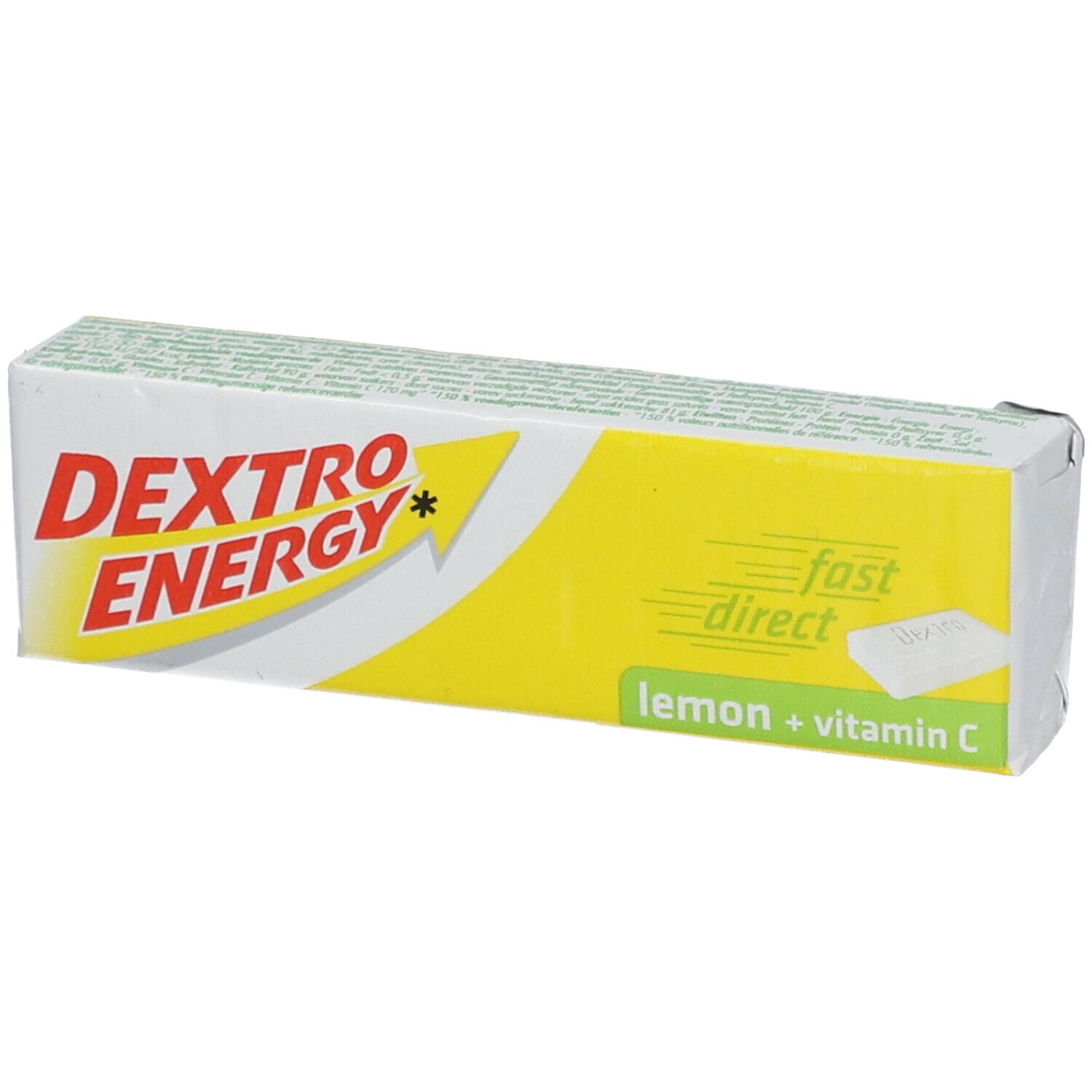 Emballage Dextro Energy Zitrone + Vitamin C. Rectangle jaune et blanc avec nom du produit et "lemon + vitamin C".
