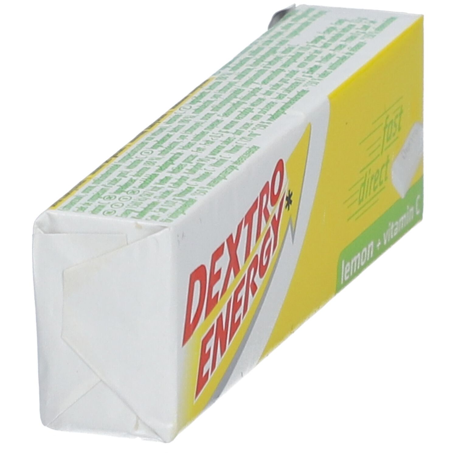 Vue oblique de l'emballage Dextro Energy Zitrone + Vitamin C. Rectangle jaune et blanc avec nom et texte.