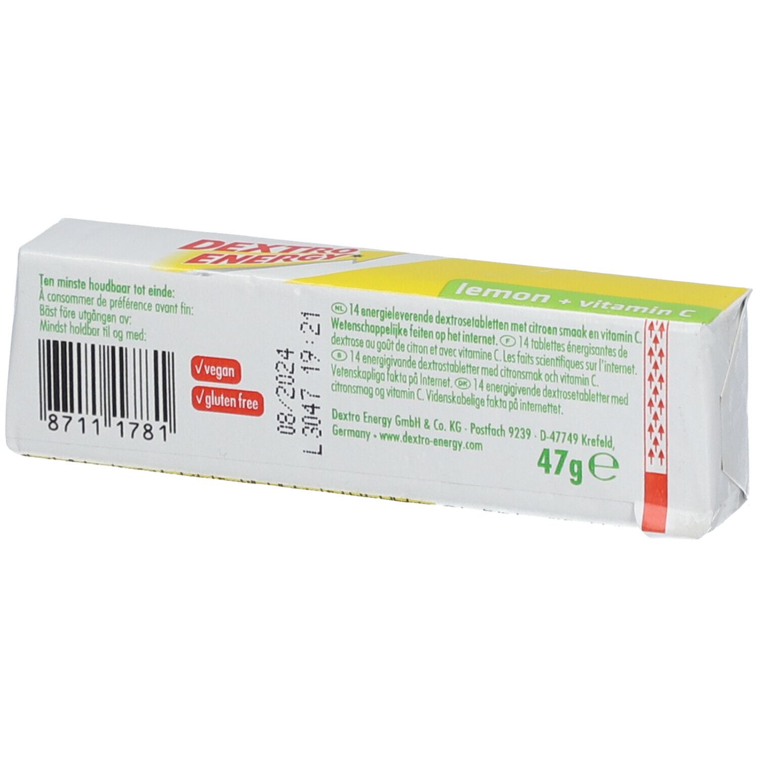 Dos de l'emballage Dextro Energy Zitrone + Vitamin C. Texte, code-barres, date de péremption et poids.