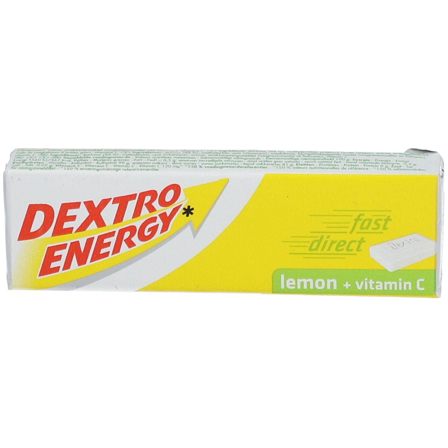 Emballage Dextro Energy Zitrone + Vitamin C. Rectangle jaune et blanc avec nom du produit et "lemon + vitamin C".