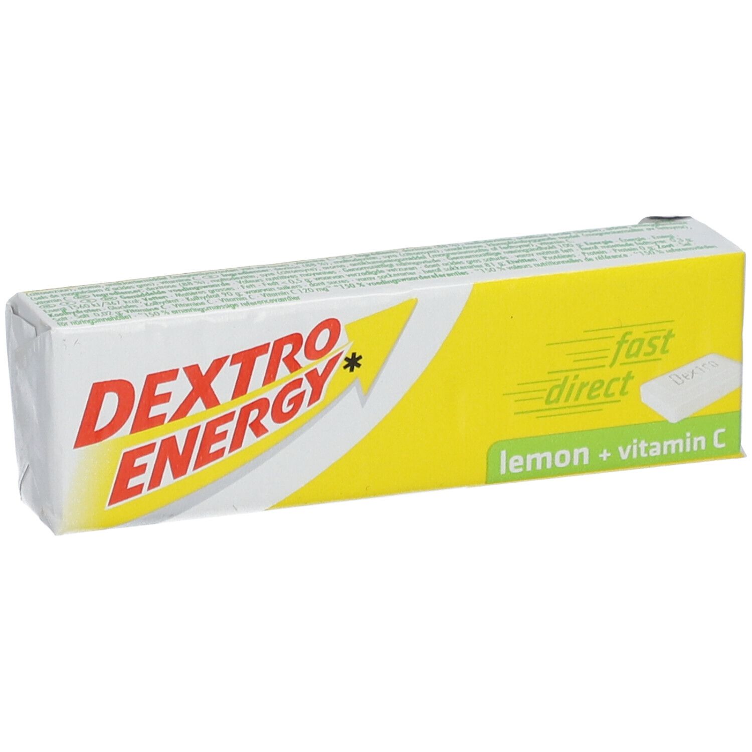 Emballage Dextro Energy Zitrone + Vitamin C. Rectangle jaune et blanc avec nom du produit et "lemon + vitamin C".