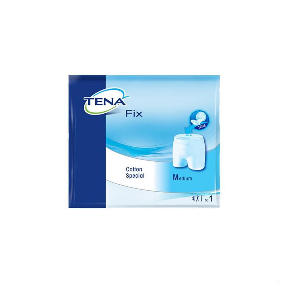 Emballage TENA Fix Cotton Pants. Emballage bleu et blanc avec illustration du produit et inscription "Medium".