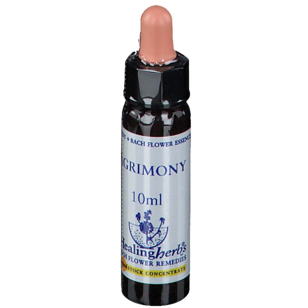 Bruine glazen fles met roze druppelaar. Opschrift: Agrimony, 10ml, Healing Herbs.